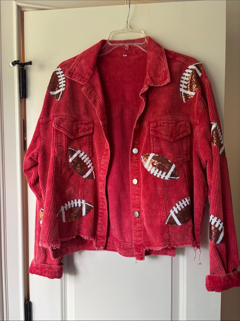 Trendy boutique Red Corduroy Varsity Jacket with Football Appliqués